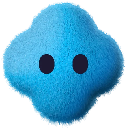 Clovie, a blue fluffy clover character